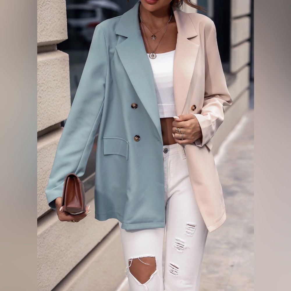 NEW! Color Block Two-Tone Oversized Double Breasted Blazer Jacket - Picture 4 of 6